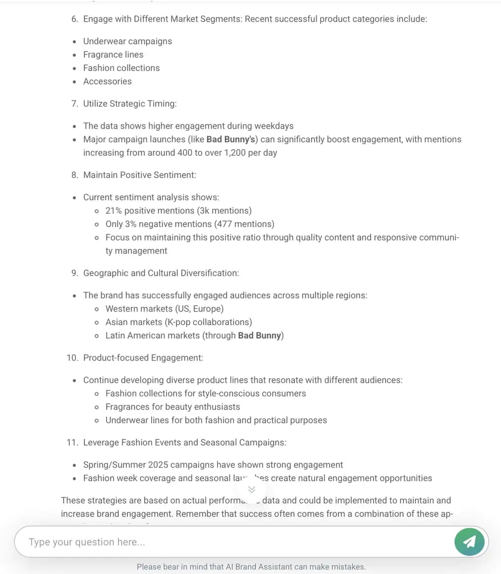 Recommendations and summary by AI brand assistant